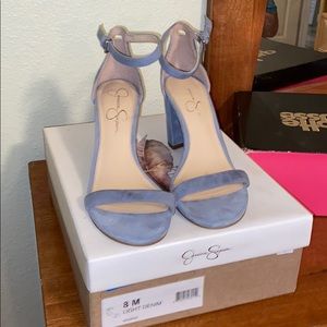 light blue denim strappy high heels